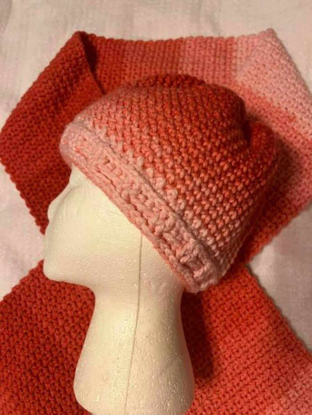 🐻New Hand-Crocheted Salmon to Peach Ombre Hat (22"-27") and Scarf (7"X69") - Picture 3 of 5